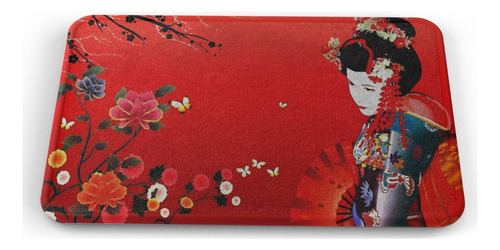 Tapete Arte Japones Flores Fondo Rojo Baño Lavable 50x80cm