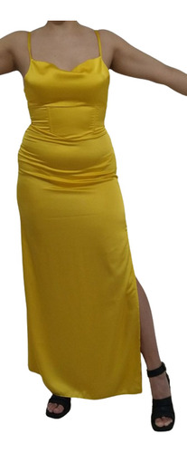 Vestido Amarillo De Fiesta Largo Simil Raso Talle M Con Tajo