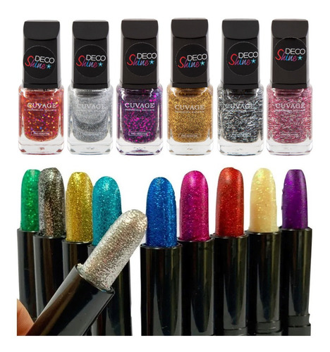 Combo Labial + Esmaltes Uñas Glitter - Kit Gibre Brillos 