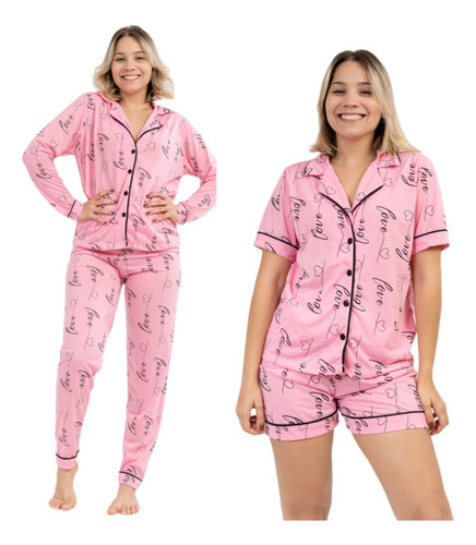 Kit Pijamas Americano Longo E Curto Feminino Botão Blogueira