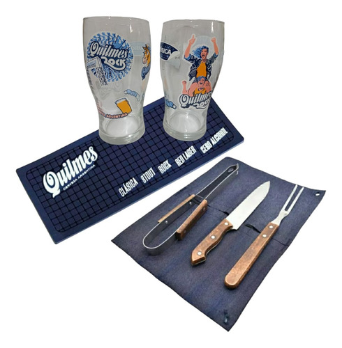 Pack X2 Vasos Quilmes + Set De Asado + Beermat Posa Vasos