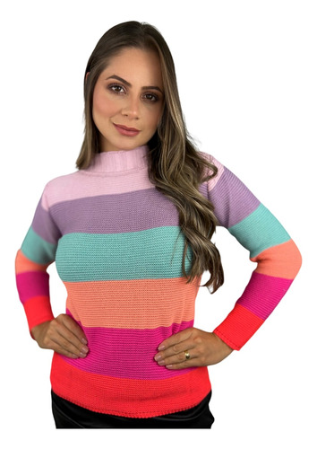 Blusa Tricot Trico Listrada Colorida Lançamento Inverno 2020