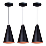 Conjunto C/ 3 Pendente Cone Preto Com Cobre Alumínio 110v/220v Iluminar Ambiente