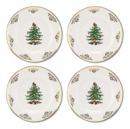 Spode Plato De Cena Dorado Con Arbol De Navidad, Juego De 4