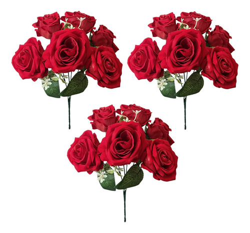 Kit 3 Buquês De Flores Rosas Artificial Aveludada Para Vaso