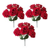 Kit 3 Buquês De Flores Rosas Artificial Aveludada Para Vaso