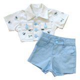 Conjunto Infantil Jeans Short Detalhe Flores Estiloso Luxo