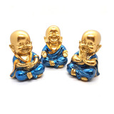 Trio De Buda Baby Orando Dourando Azul Brilhante Buda 9 Cm