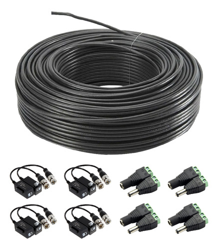 Kit Cable De 100m + 4 Conectores Macho Hembra + 4 Balunes