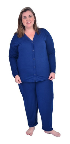 Pijama Feminino De Frio Longo Inverno Plus Size Botões Malha