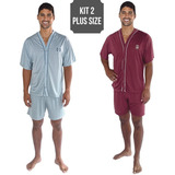 Kit 2 Pijamas Plus Size Aberto Masculino Meia Manga Botão