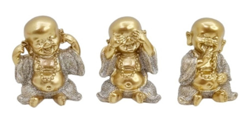 Trio Bebês Budas Mini Dourado Com Brilho