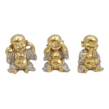 Trio Bebês Budas Mini Dourado Com Brilho