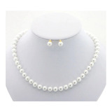 Collar Y Aretes Perla Sintética Broche Dorado Set Elegante