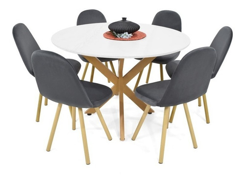 Juego Comedor Luxor Matiz 6 Puestos Blanco Tela Gris