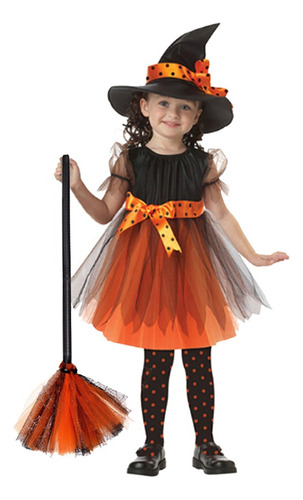Fantasia Infantil Bebê Bruxa Laranja Vestido Luxo Halloween