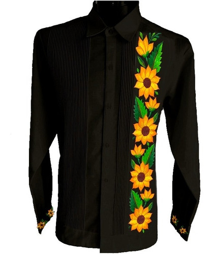 Guayabera Bordada De Girasoles. M/l Tallas Extras. Mayakim