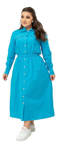Vestido Moda Evangélica Bolso Longuete Com Botões Bolso