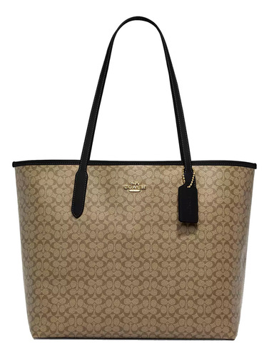 Bolsa Coach City Tote Cj942 Imcbi Miel/negro Acabado De Los Herrajes Dorado Color Caqui Diseño De La Tela Signature Canvas