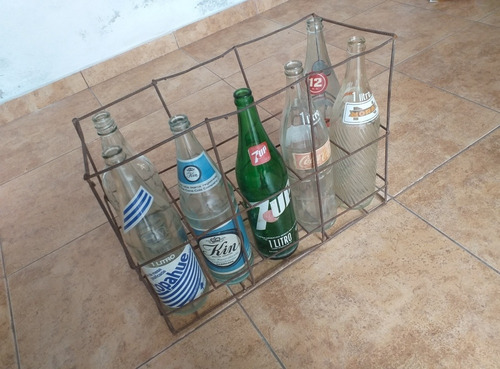 Canasto Metalico Antiguo Con Botellas De 1 Litro Vintage 