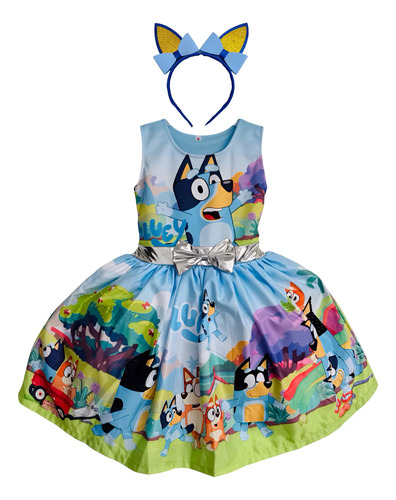 Vestidos Disfraz Bebé Niña Bluey Bingo Cachorrita Fiesta Cumpleaños Diadema Estampado
