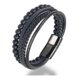 Pulseira Masculina Couro Tribal Preta Pedra Ônix Fecho Imã