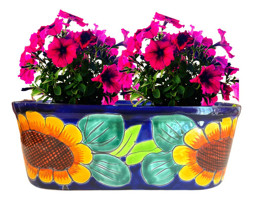 Maceta Rectangular Chica En Talavera Con Girasoles Hermosos