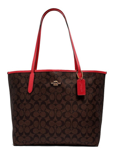 Bolsa Coach Original Dama City Tote Café Y Rojo Con Botón