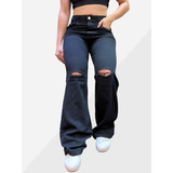 Calça Jeans Wide Leg Preta Rasgada Juvenil