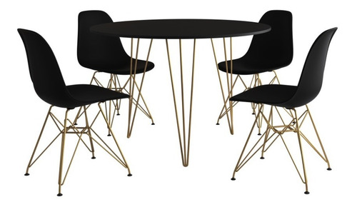 Sala De Jantar Ferro Dourado Mesa Clips 90cm Com 4 Cadeiras