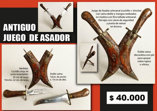 Juego De Asador Artesanal / Madera Y Bronce