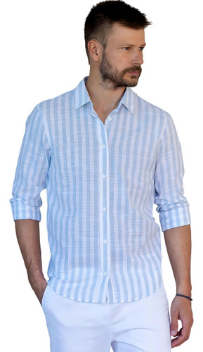 Camisa Social Masculina Blusa Manga Longa Listras Super Leve