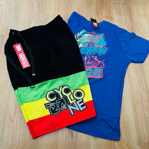 Bermuda Da Cyclone De Veludo Preta Reggae + Camiseta Azul