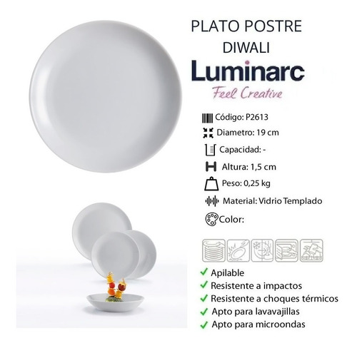 Set X 6 Plato Postre 19 Cm Luminarc Modelo Diwali Vidrio Templado 