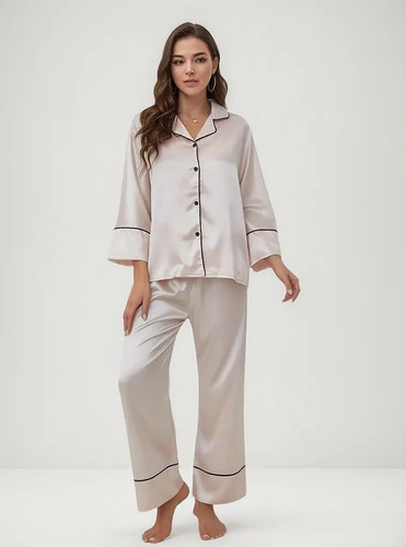 Conjunto De Pijama De Satén De Seda Con Cuello Con Muescas Y | MercadoLibre