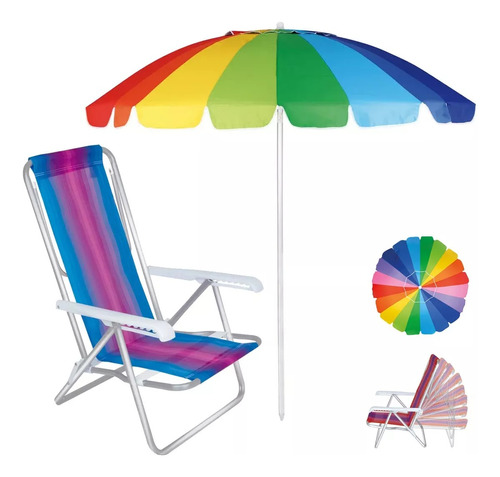 Kit Cadeira De Praia Reclinável + Guarda-sol Rainbow 2,2m