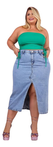 Saia Plus Size Jeans Midi Feminina Fenda Frontal