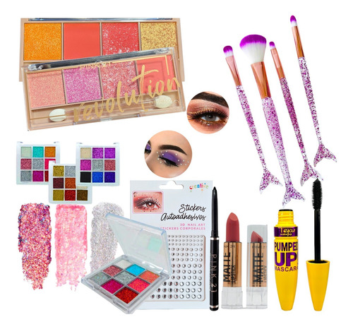 Combo Maquillajes Sombra Glitter Strass Mascara Regalar