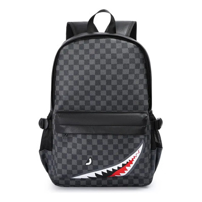 Mochila Tiburón Para Hombre Estilo Casual De Viaje, Estampado Cuadros, Mochila Escolar Y Para Laptop, Multifuncional, Asa Superior Y Tiras Ajustables Negro Estilo
