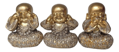 Buda Escultura 3 Peças Dourado Glitter 4,50cm Decorativo  