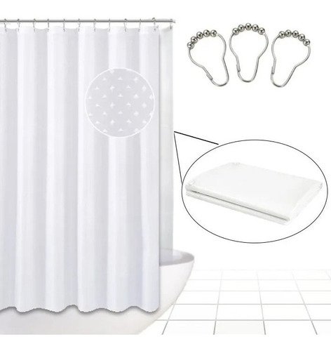 Cortina De Baño Tela Impermeable + Protector + 12 Ganchos  