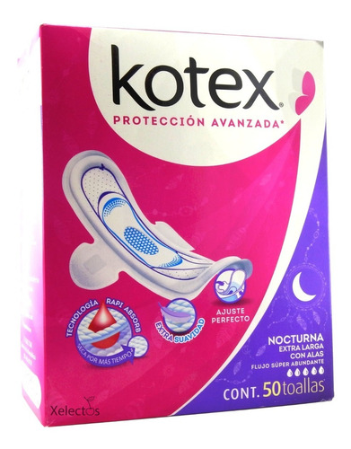 Toallas Femeninas Kotex® Nocturna Extra Larga Con Alas 50pzs