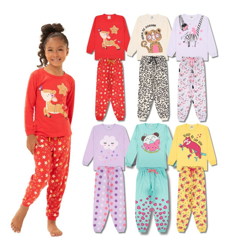 Kit 3 Pijamas Menina Comprido Para Frio Infantil Inverno