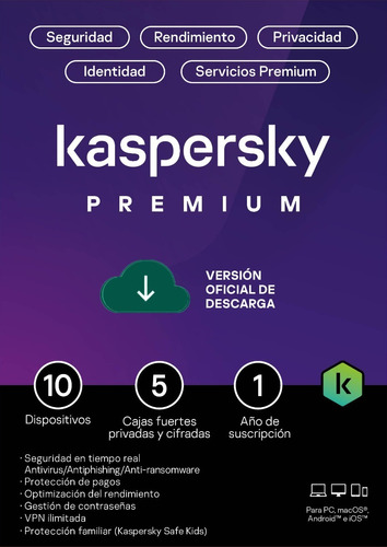 Kaspersky Premium 10 Disp 5 Cuentas Kpm 1 Año Total Security