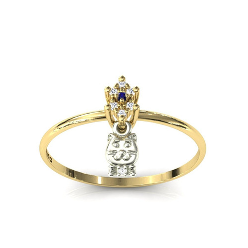 Anel 18k Brilhante Pingente Gato Safira Diamante - Cor Ouro