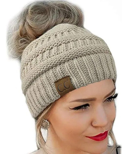 Gorro Cc Chongo Mujer Coleta Frio Beige Tejido 12pz Mayoreo