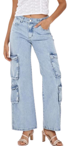 Jean Wide Leg Cargo Mujer Striven Tiro Alto Bolsillos Rígido