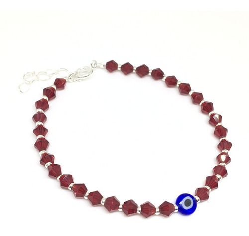 Pulsera Cristal Con Bolitas De Plata Y Ojo Turco 17+3cm