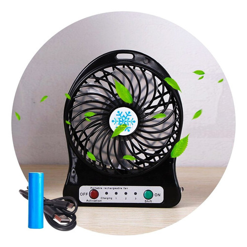 Ventilador Portatil Luz Led Cargador Usb + Pila Recargable