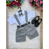 Conjunto Infantil Camisa Branca C/ Short Cinza Gravata 